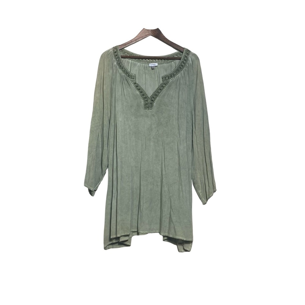 Avenue Women's Sage Green Crochet Trim Split Neck Viscose Peasant Blouse 30/32